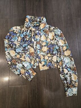 Zara Multi-Color Floral Tie-Neck Cropped Blouse